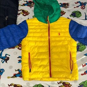 Polo by Ralph Lauren Yellow Puffer with Blue Sleeves and Green Hood